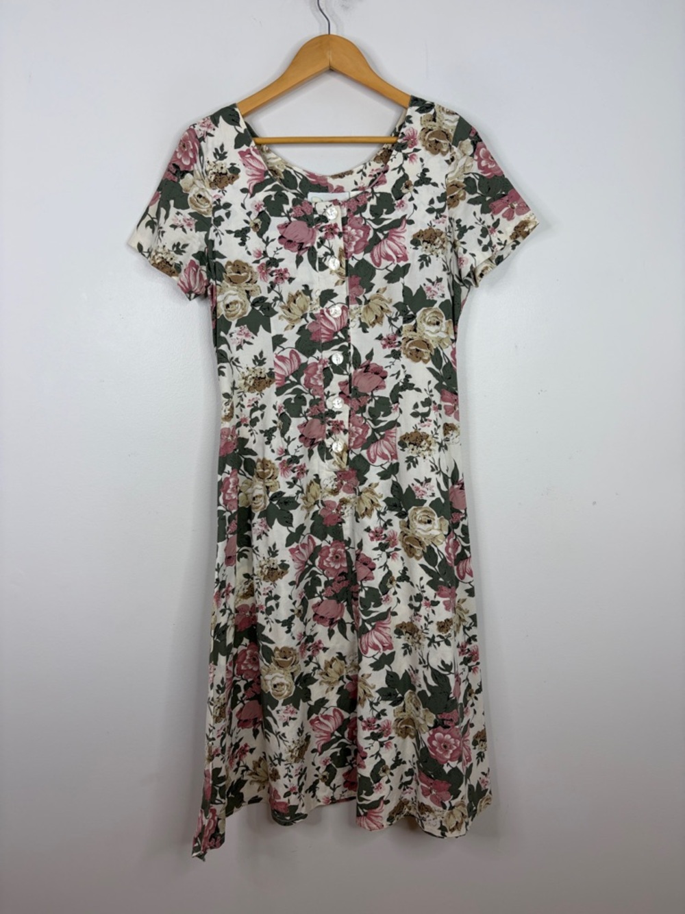 Vintage Midi Dress Womens 8 Cream Pink Green Floral Cotton Short Sleeve Coquette